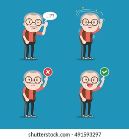 Old man. Grandpa in 4 Different Poses. Vector isolated illustration. Cartoon character.