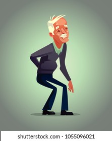 Old man grandpa character has back pain. Osteoporosis retirement suffering concept. Vector flat cartoon illustration