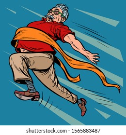 old man grandpa runs finish line, win. Pop art retro vector illustration kitsch vintage drawing