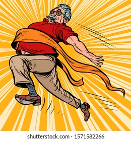 old man grandpa runs finish line, win. Pop art retro vector illustration kitsch vintage drawing