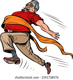 old man grandpa runs finish line, win. Pop art retro vector illustration kitsch vintage drawing