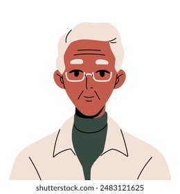 Old man with gray hair avatar. Wrinkled male face with glasses for user profile. Portrait of happy senior person. Aged character in eyeglasses. Flat isolated vector illustration on white background