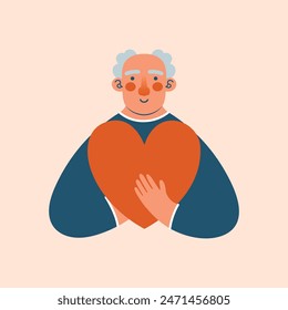 Old man with gray hair holding big red heart in hands. Vector illustration of grandfather character. Happy retirement. Day of Older Persons. Grandparents Day. Care, support for pensioners.