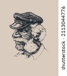 Old man with gray hair, mustache and sideburns. An old sea wolf in a peaked cap. Hand drawn portrait in engraving style. Vector illustration