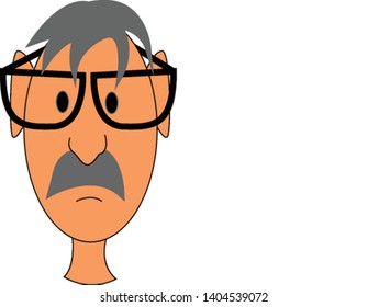 An old man with gray hair and a gray mustache wearing large glasses, vector, color drawing or illustration. 