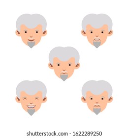 Old man with gray hair and mustache cartoon character avatar with 5 emotions. Vector illustration of eps 10