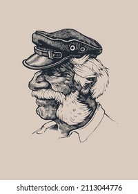 Old man and gray hair  mustache   sideburns  An old sea wolf in peaked cap  Hand drawn portrait in engraving style  Vector illustration