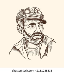 Hombre mayor de pelo gris, bigote y patillas. Un viejo lobo de mar con una gorra al tope. Retrato dibujado a mano en estilo grabado. Ilustración del vector