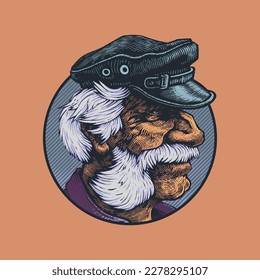 Old man with gray hair, mustache and sideburns. An old sea wolf in a peaked cap in a round emblem. Hand drawn portrait in engraving style. Vector Illustration.