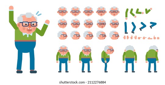 Old man in green sweater creation kit. Create your own pose, action, animation. Modern vector illustration