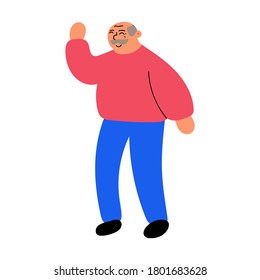 Old man greeting someone. Flat vector illustration on white background. 