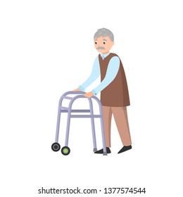 Old man with grey mustache use walker to move