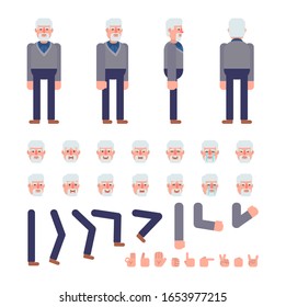Hombre mayor con pollover gris y kit de creación de pantalones azul oscuro. Crea tu propia pose, animación. Ilustración vectorial de diseño plano