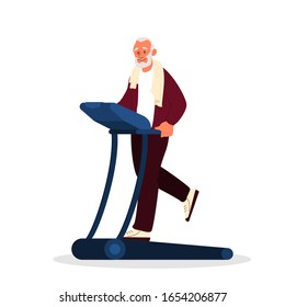 Old man in the gym. Senior training on treadmill. Fitness program for elderly people. Healthy lifestyle concept. Isolated vector illustration in cartoon style