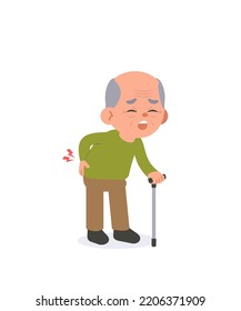 The old man had a lot of back pain. and holding a walking stick illustration vector cartoon character design on white background. Medical concept.