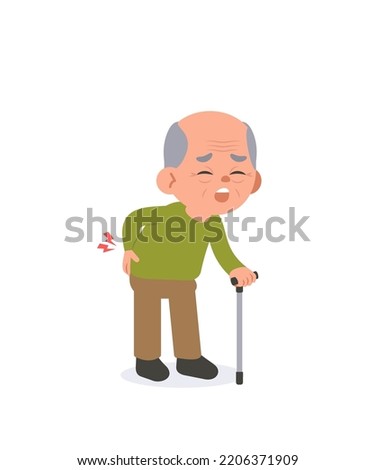 The old man had a lot of back pain. and holding a walking stick illustration vector cartoon character design on white background. Medical concept.