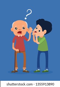 The old man had symptoms of deafness, putting his hand to the ear to listen to the voice of the young man speaking. vector illustration