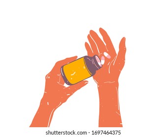 Old man hand holding drug medicine bottle. Close up of pills in hands. Medication concept. Hand drawn vector illustration