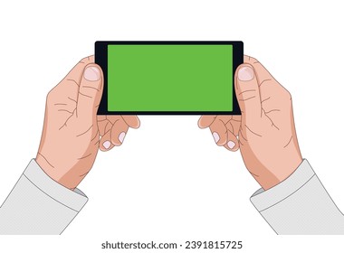 Manos ancianas sosteniendo un smartphone. Mirando en la pantalla del teléfono móvil. Pantalla verde móvil. Mano realista sosteniendo el móvil.
