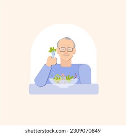 Old man happy eat food healthy salad bowls.Healthy Meal  for Older.elderly dieat helth food.