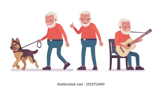 Viejo, feliz anciano con guitarra, perro mascota. Ciudadano mayor de 65 años, abuelo jubilado con barba, pensionista de edad. Ilustración de dibujos animados de estilo plano vectorial aislada, fondo blanco