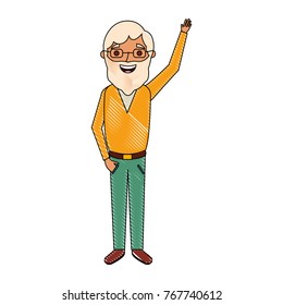 old man happy grandfather hands up character