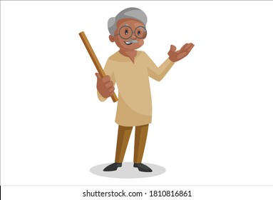 Old man is happy and holding a stick in hand. Vector graphic illustration. Individually on white background.