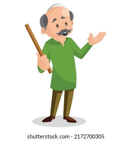 Old man is happy and holding a stick in hand. Vector graphic illustration. Individually on white background.