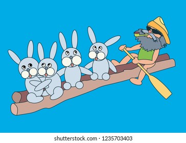 Old man and hares. Vector illustration of an old man who saves hares from flooding.