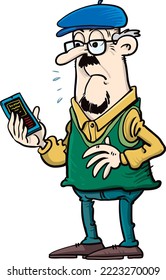 Old man has a problem with mobile phone, technology. Grandfather use gadget.Vector illustration concept. Grandpa has problems with his cell phone.