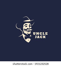 Old man in a hat and bow tie logo design template for a dark background. Vector illustration.