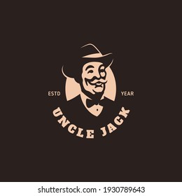 Old man in a hat and bow tie logo design template with a frame for a dark background. Vector illustration.