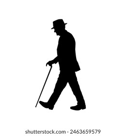 Old man in hat with cane walking, old age - vector illustration