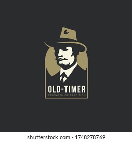 Old man in a hat logo design template with a frame for a dark background. Vector illustration.