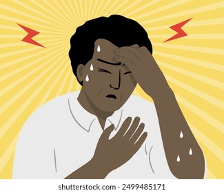 A old man have a headache and sweating with hand on chest in heat stroke symtoms.