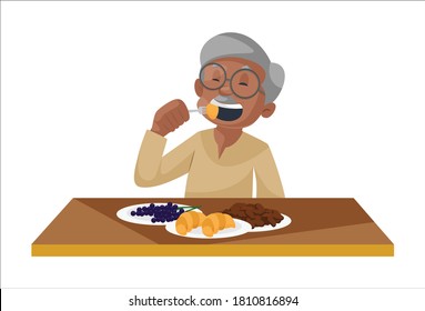 Old man is having lunch. Vector graphic illustration. Individually on white background.