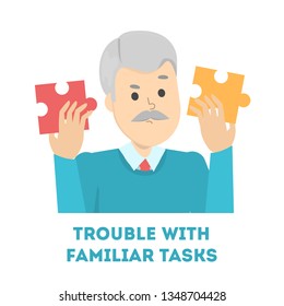 Old man having trouble with familiar task. Alzheimer disease symptom. Confused person with a difficult problem. Adult in stress. Isolated vector illustration in cartoon style