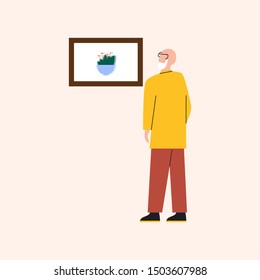Old man having trouble with understanding visual images. Elderly man staring at painting but it seems vaguely. Having poor eyesight concept. Flat vector illustration