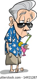 Old man in hawaiian shirt drinking a cocktail