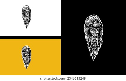 old man with head skull vector outline design