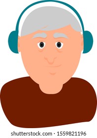 Old man with headphone, illustration, vector on white background