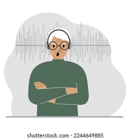 Old man in headphones and a sound track. Concept of online podcast, radio, online books, online learning and music. Vector flat illustration
