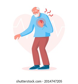 Old man with heart attack, pain  touching chest. Heart treatment, health care and disease diagnostic concept. Vector flat illustration. Design for banner, landing page, web background, flyer