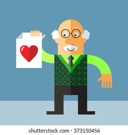 Old Man with heart icon. Flat style vector illustration on gray background.