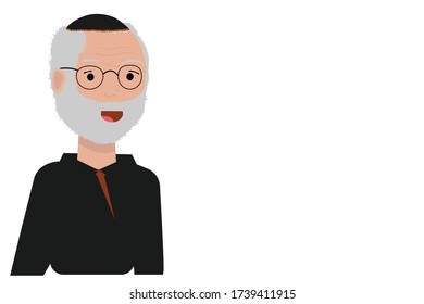 Old man in Hebrew bale, religious Jewish hat, flat illustration isolated on white background, grey-haired grandfather or grandpa in black hoody and glasses, smiling in good smart mood. Copy paste. 