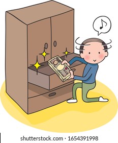An old man hides money in a chest, or an old man finds money in a chest. 