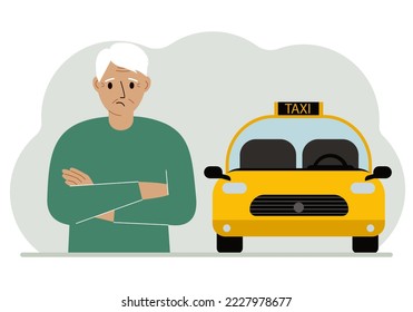 A old man with his arms crossed near a yellow taxi car. Vector flat illustration