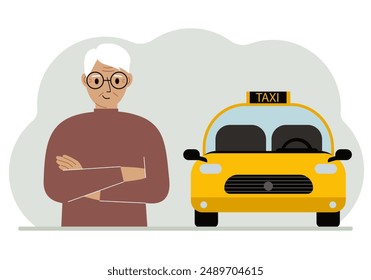 A old man with his arms crossed near a yellow taxi car. Vector flat illustration