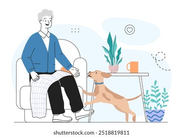 Old man with his dog. Grandfather sitting at chair near puppy. Owner with domestic animal indoors. Love and care about pets. Pensioner with fluffy friend. Linear vector illustration