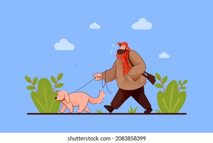 Old man and his dog walking in the sunset conceptual flat illustration. Creative simple flat illustration.